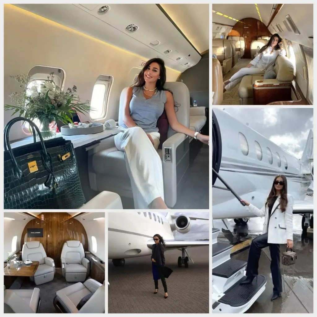 Victoria Beckham seated inside the cabin of her private jet
