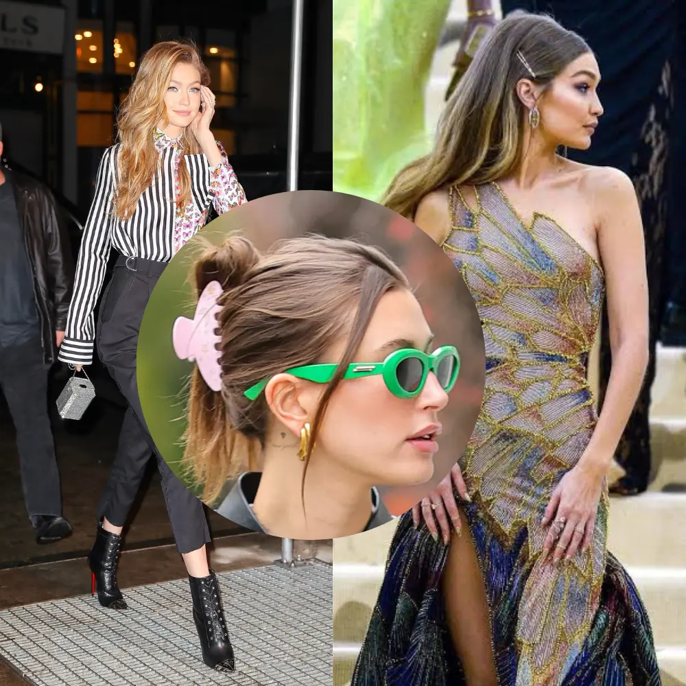 Collage of Gigi Hadid wearing claw clips, oval sunglasses, and carrying a mini bag