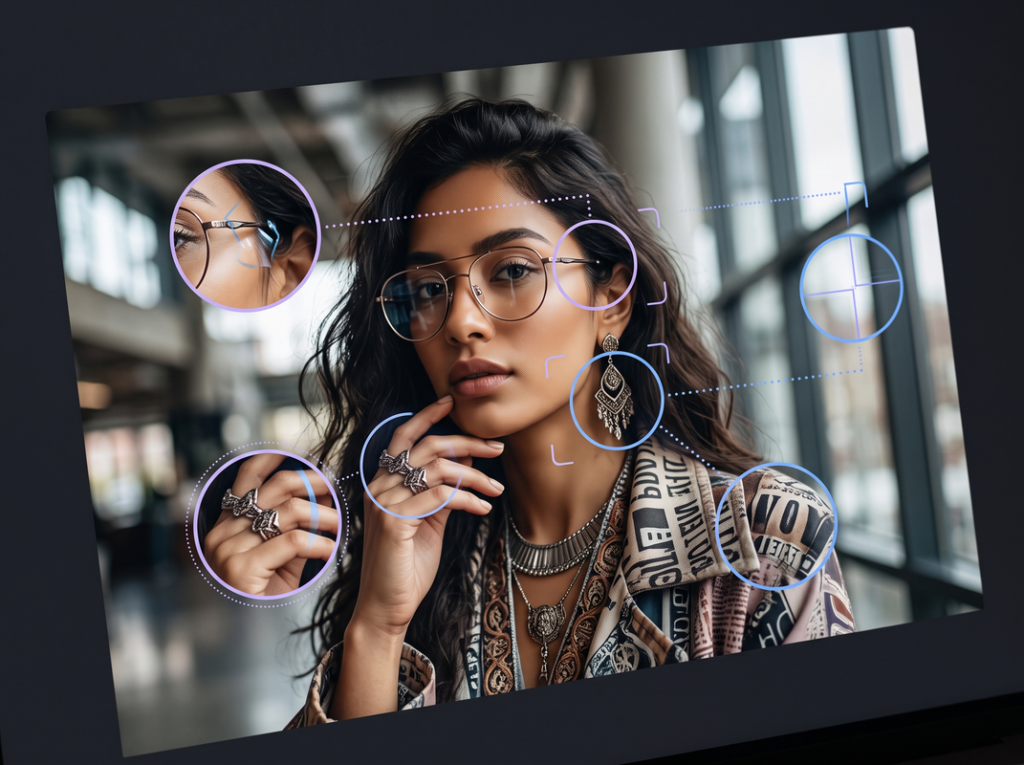 Magnified visual details of a fictional digital portrait being checked for possible AI inconsistencies.