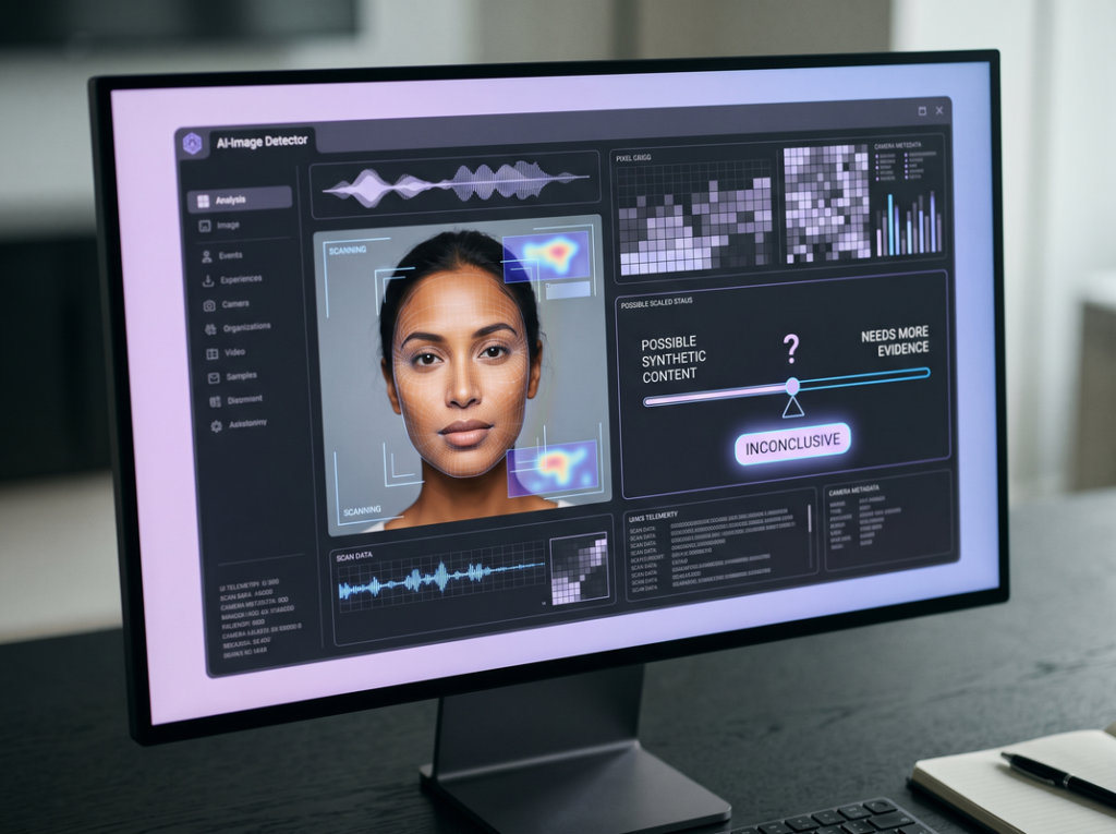 Conceptual AI detector showing that automated image analysis is an estimate rather than proof.