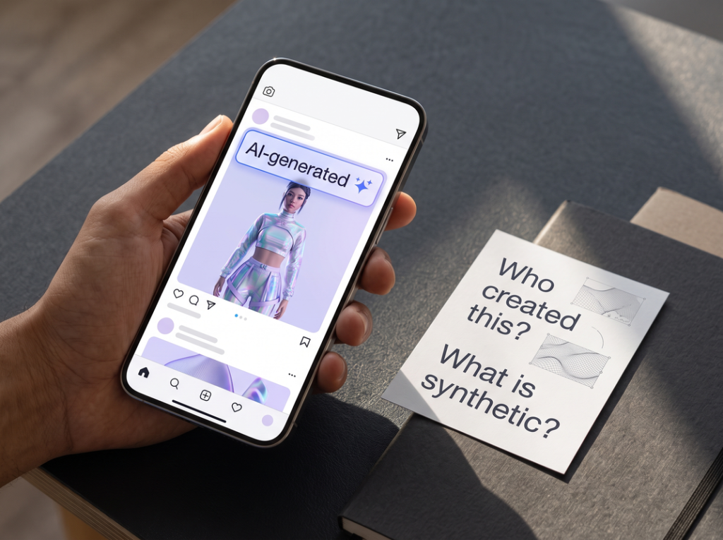 Generic social-media profile showing an AI-generated disclosure label beside a fictional digital model.