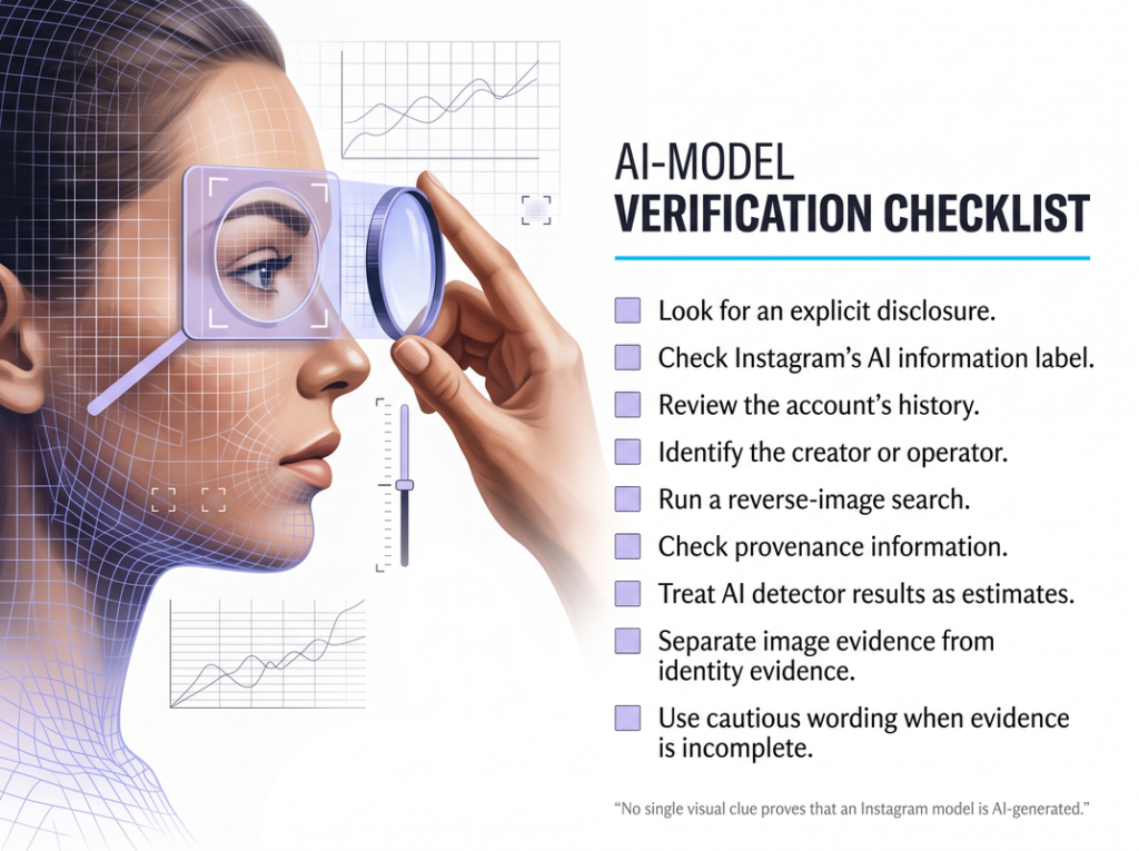 Checklist for verifying whether an Instagram model or digital persona is AI-generated.