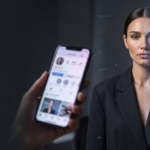 Conceptual image of a fictional digital model beside a smartphone and AI verification graphics.