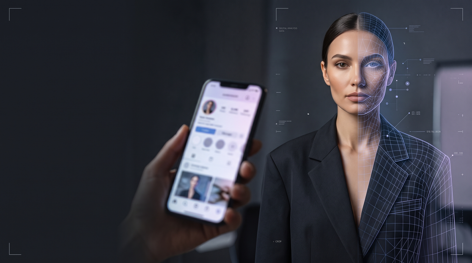 Conceptual image of a fictional digital model beside a smartphone and AI verification graphics.