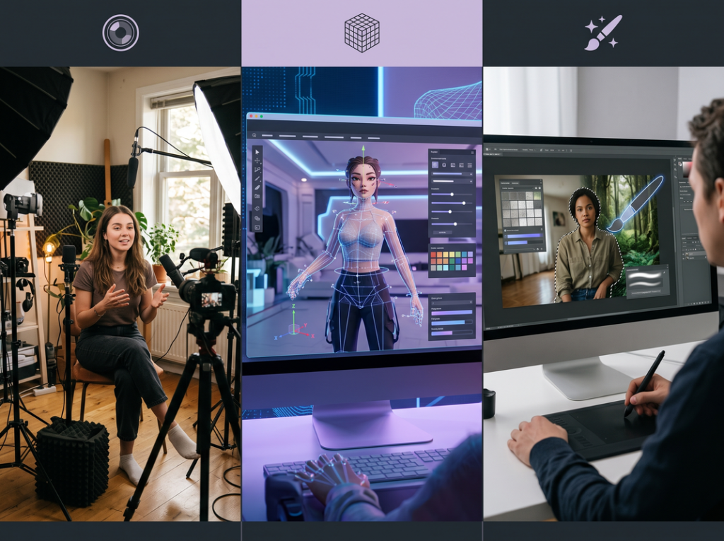 Three fictional examples showing a real creator, a virtual persona, and a real photo edited with AI.