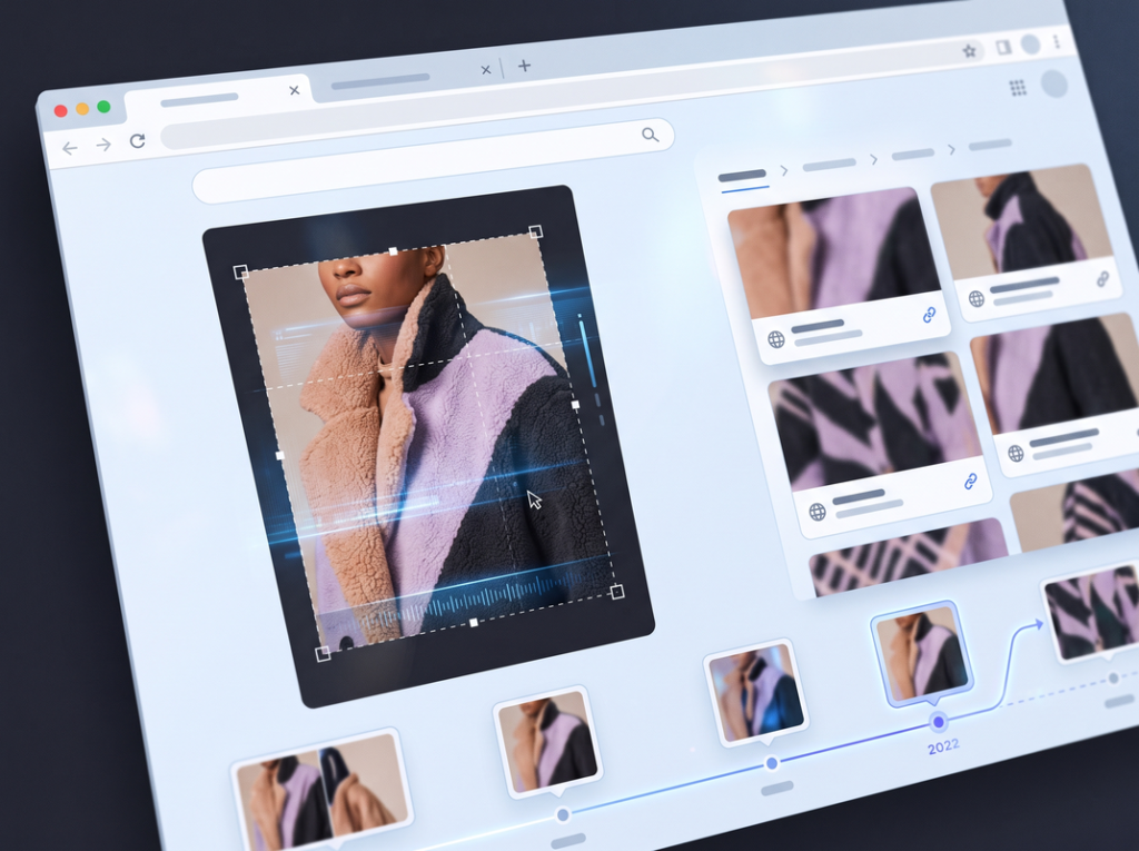 Conceptual reverse-image search showing how an online fashion image can be traced to earlier sources.