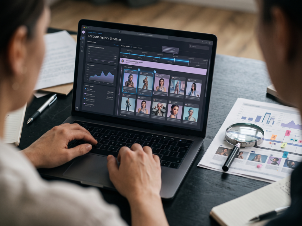 Researcher reviewing a fictional social-media account history to verify whether a digital model is real or AI-generated.